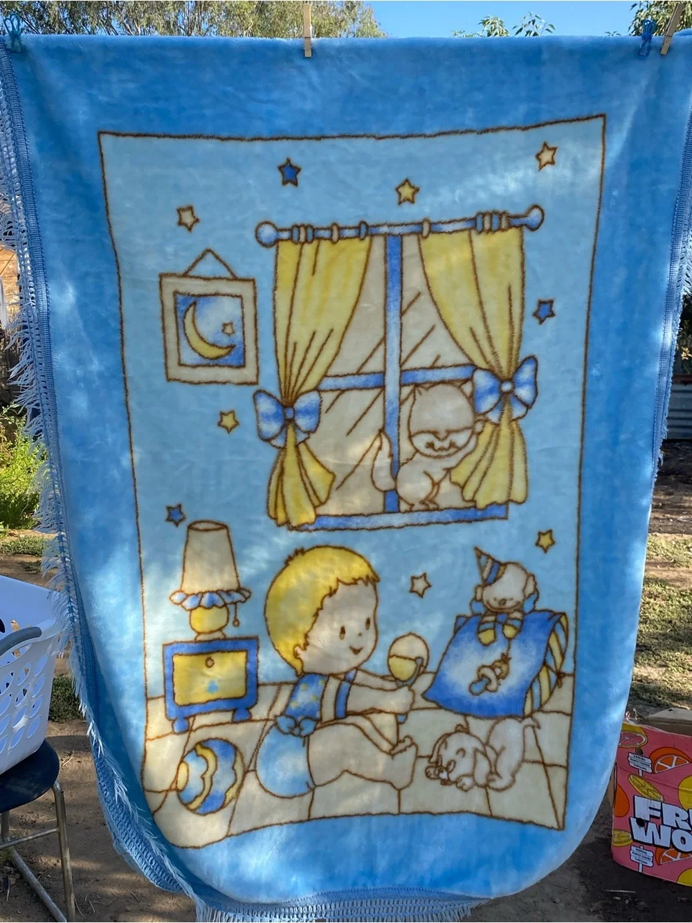 Vintage Baby Nursery Blue Cartoon Plush Throw Blanket -